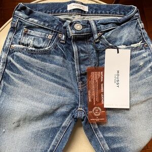 New Moussy Vintage Keller Distressed Tapered Crop Straight Jeans Sz 24 Dk Blue
